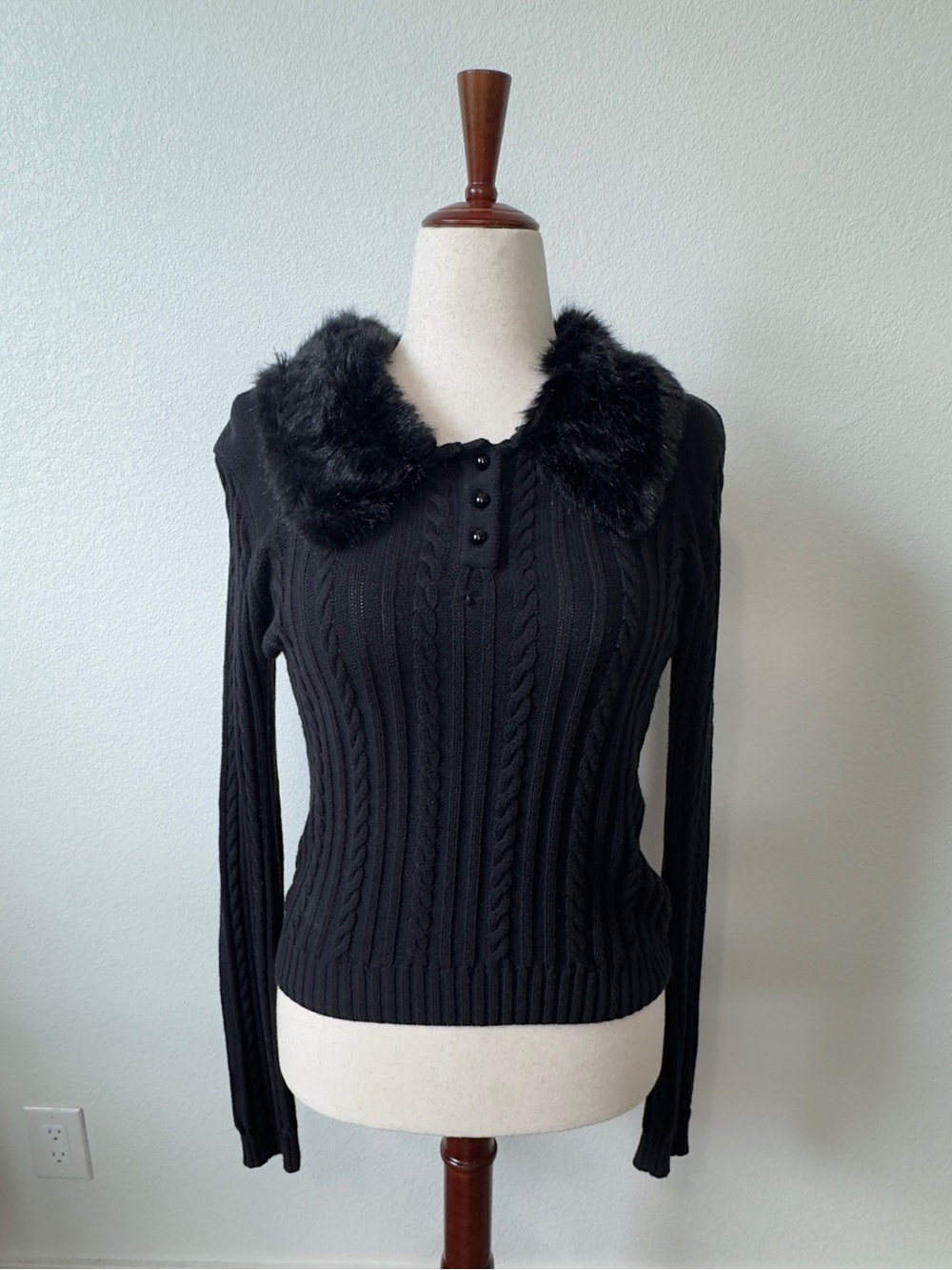 Collectif Black Cable-Knit Sweater with Faux Fur Collar